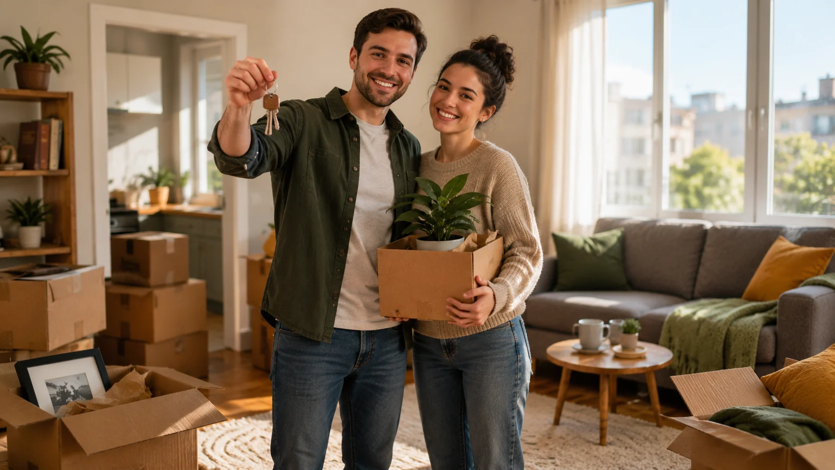 Pareja joven estrenando su vivienda de alquiler