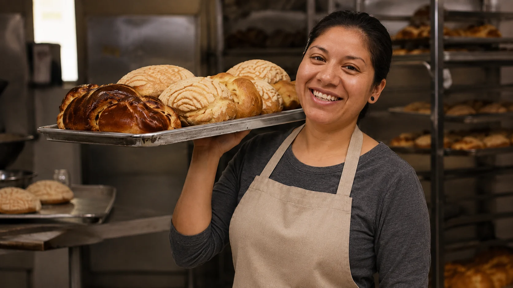 Panadera sonriente mostrando una bandeja de panes en su obrador